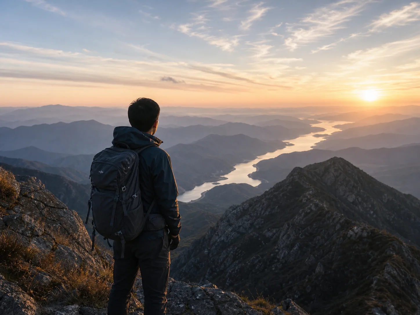 Hiker overlooking a winding mountain watershed at sunrise