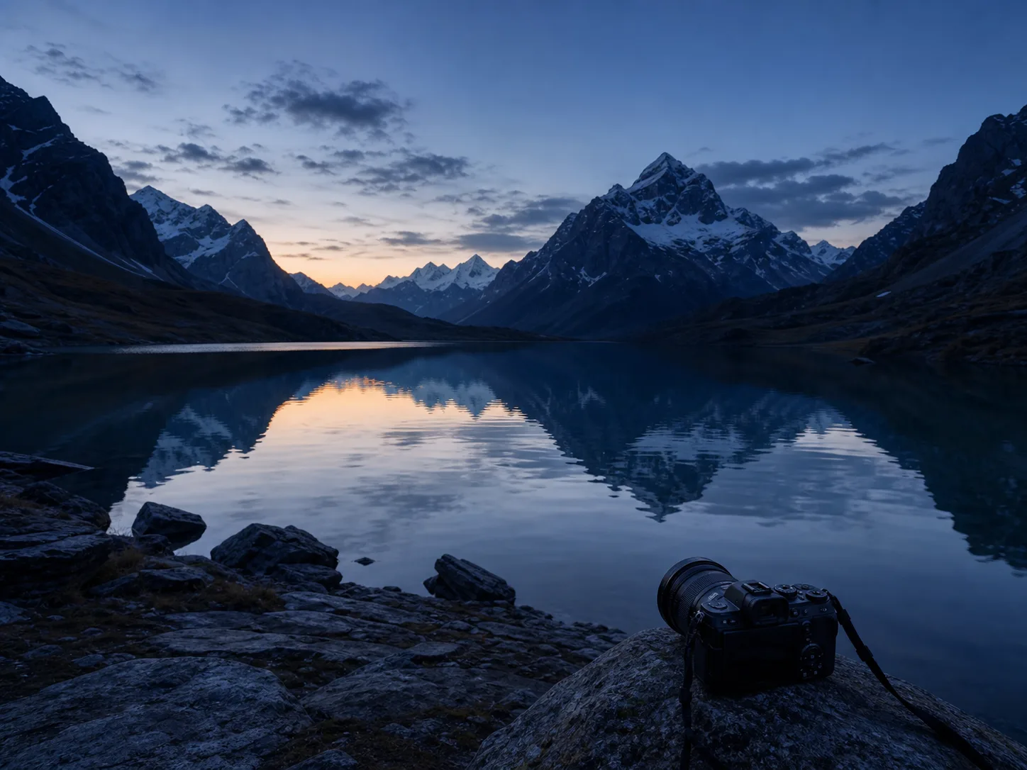 Camera beside a calm alpine lake at blue hour