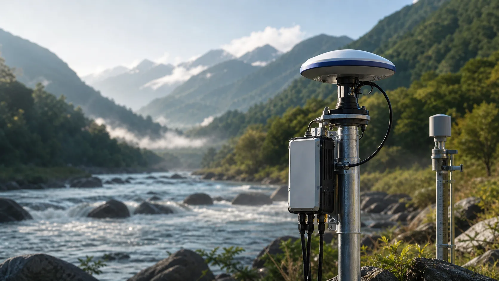 RTK GNSS receiver installed beside a mountain river