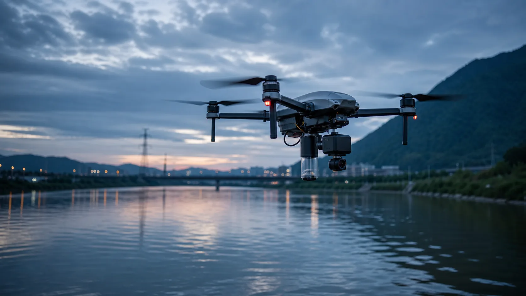 Quadrotor UAV carrying an environmental sensing payload above a river